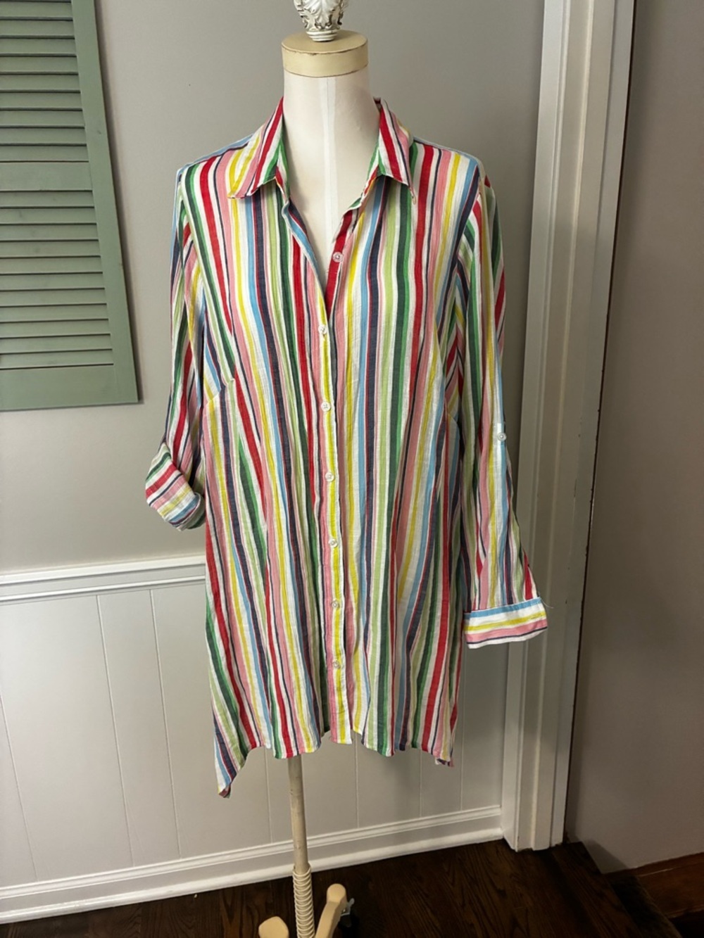 Zac & Rachel Rainbow Stripe Button Down Tunic Beach Cover With Roll Tab Sleeves